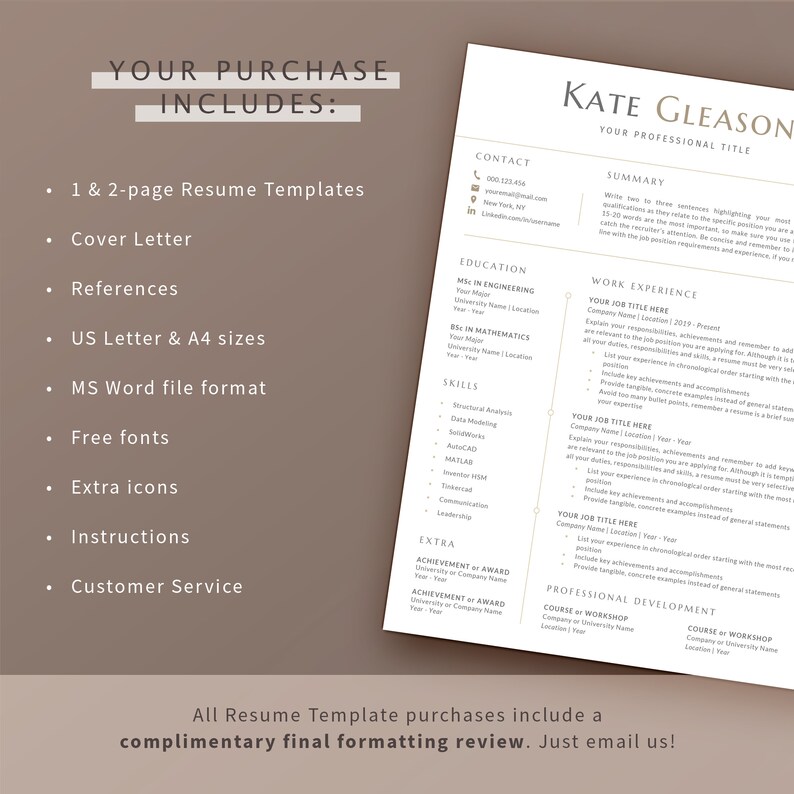 K&ouml;nnte beinhalten: Ein braunes und beiges Lebenslauf-Template mit dem Text "Ihr Kauf beinhaltet:" und einer Liste der im Kauf enthaltenen Elemente. Das Template enth&auml;lt auch einen Beispiel-Lebenslauf mit dem Text "Kate Gleason, Ihre Berufsbezeichnung".