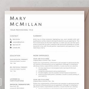 Physical Therapy Resume, Resume Template Word, Registered Nurse Resume, Medical Resume, Therapist, Healthcare, New Grad Nurse, 3 Page Resume