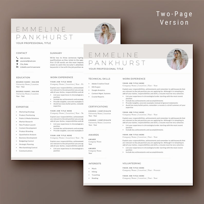 May include: A two-page resume template with a professional headshot of a woman. The resume includes sections for contact information, summary, education, expertise, work experience, technical skills, certifications, awards, interests, and volunteering.