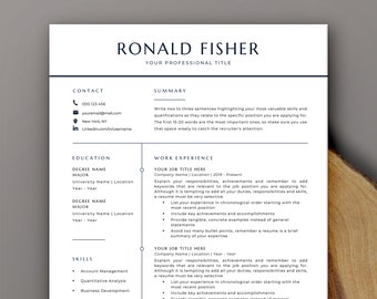 May include: A black and white resume template with the name Ronald Fisher at the top. The resume includes sections for contact information, summary, education, skills, and work experience.