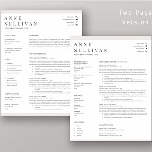 Peut inclure: Un mod&egrave;le de CV en deux pages avec le nom "ANNE SULLIVAN" en haut. Le CV comprend des sections pour l'&eacute;ducation, les comp&eacute;tences, l'exp&eacute;rience professionnelle, les certifications, les r&eacute;compenses, les int&eacute;r&ecirc;ts et le b&eacute;n&eacute;volat. Le texte "Two-Page Version" est en haut.