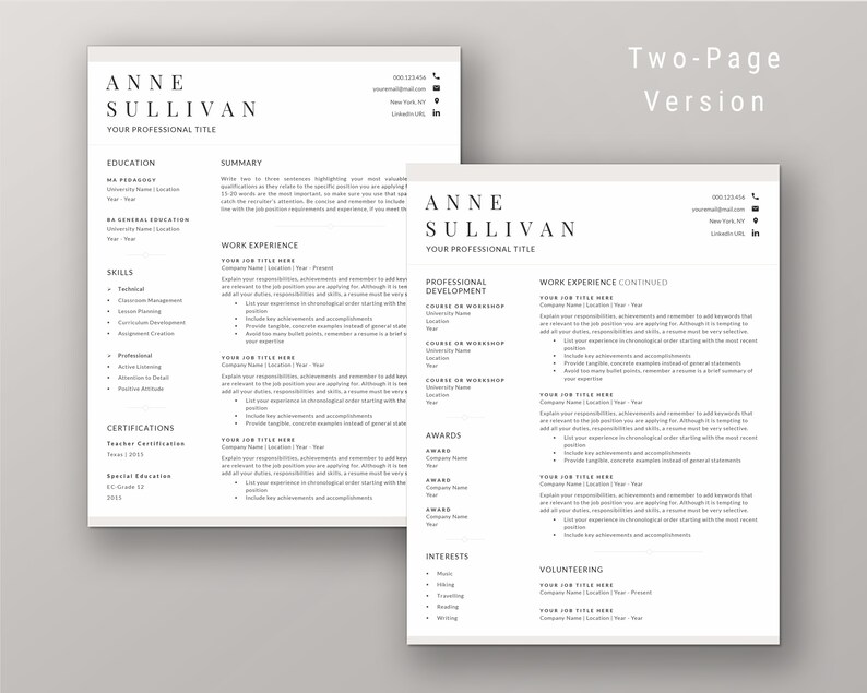Peut inclure: Un mod&egrave;le de CV en deux pages avec le nom "ANNE SULLIVAN" en haut. Le CV comprend des sections pour l'&eacute;ducation, les comp&eacute;tences, l'exp&eacute;rience professionnelle, les certifications, les r&eacute;compenses, les int&eacute;r&ecirc;ts et le b&eacute;n&eacute;volat. Le texte "Two-Page Version" est en haut.