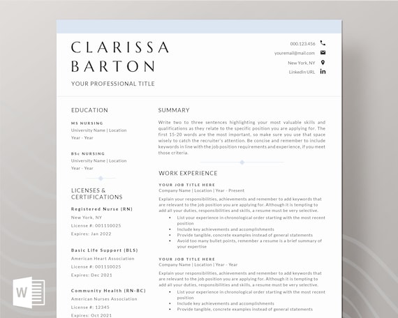 Nursing Resume Template | Nurse CV Template | Registered Nurse, Nurse Practitioner, RN, Doctor, Graduate Nurse, Two Page Resume for Word