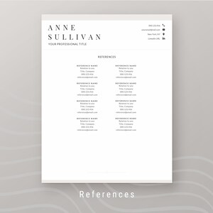 Peut inclure: Un mod&egrave;le de CV minimaliste avec le nom ANNE SULLIVAN en haut, suivi de "YOUR PROFESSIONAL TITLE". Le document comprend les coordonn&eacute;es et une section pour les r&eacute;f&eacute;rences. Le mot "REFERENCES" est en bas.