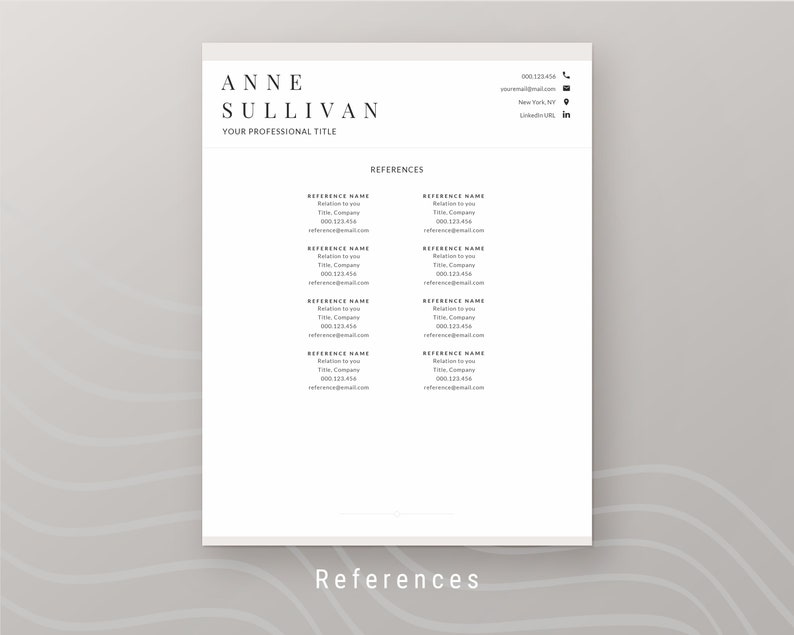Peut inclure: Un mod&egrave;le de CV minimaliste avec le nom ANNE SULLIVAN en haut, suivi de "YOUR PROFESSIONAL TITLE". Le document comprend les coordonn&eacute;es et une section pour les r&eacute;f&eacute;rences. Le mot "REFERENCES" est en bas.