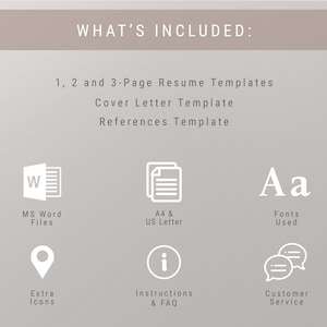 Peut inclure: Un graphique avec le texte "WHAT'S INCLUDED:" r&eacute;pertorie les mod&egrave;les de CV, un mod&egrave;le de lettre de motivation et un mod&egrave;le de r&eacute;f&eacute;rences. Des ic&ocirc;nes repr&eacute;sentent les fichiers MS Word, A4 et US Letter, les polices, les ic&ocirc;nes suppl&eacute;mentaires, les instructions et le service client.