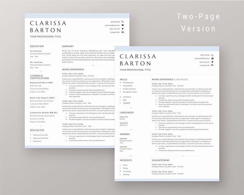 Nursing Resume Template | Nurse CV Template | Registered Nurse, Nurse Practitioner, RN, Doctor, Graduate Nurse, Two Page Resume for Word image 3