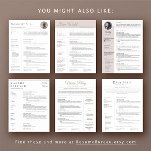 May include: A collage of six different resume templates with a brown background. Each resume template features a different person's name and professional title. The text "You Might Also Like" is at the top of the image. The text "Find these and more at ResumeBureau.etsy.com" is at the bottom of the image.
