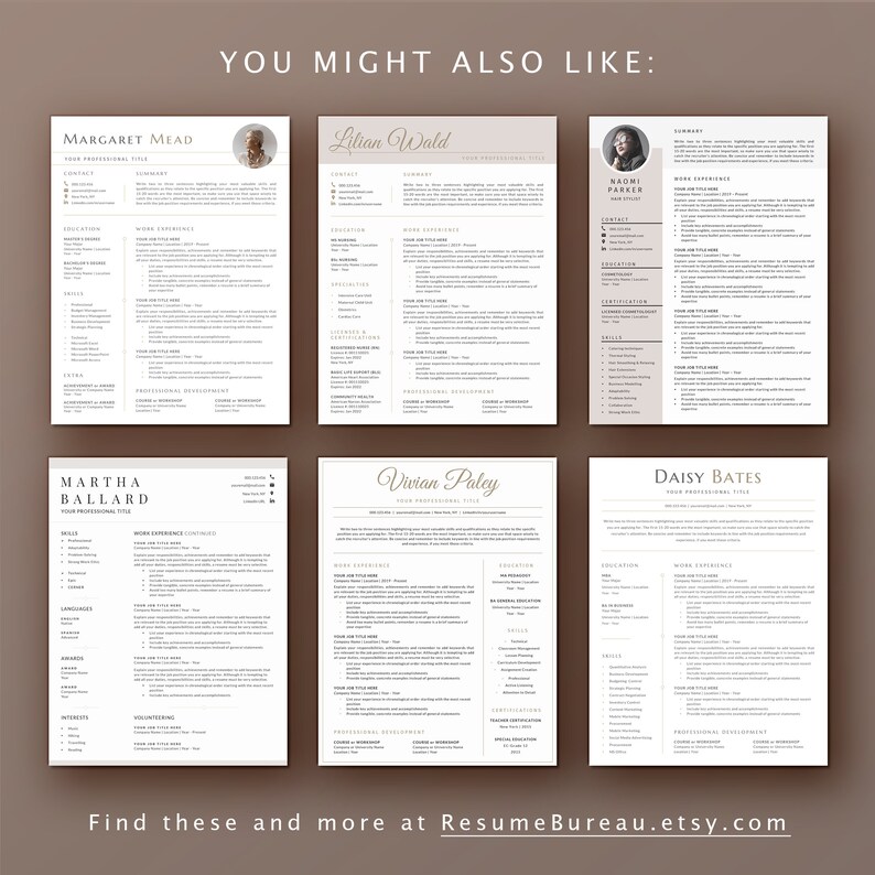 May include: A collage of six different resume templates with a brown background. Each resume template features a different person's name and professional title. The text "You Might Also Like" is at the top of the image. The text "Find these and more at ResumeBureau.etsy.com" is at the bottom of the image.