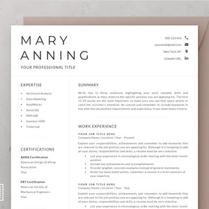 May include: A black and white resume template with the name Mary Anning at the top. The resume includes sections for expertise, certifications, summary, and work experience.