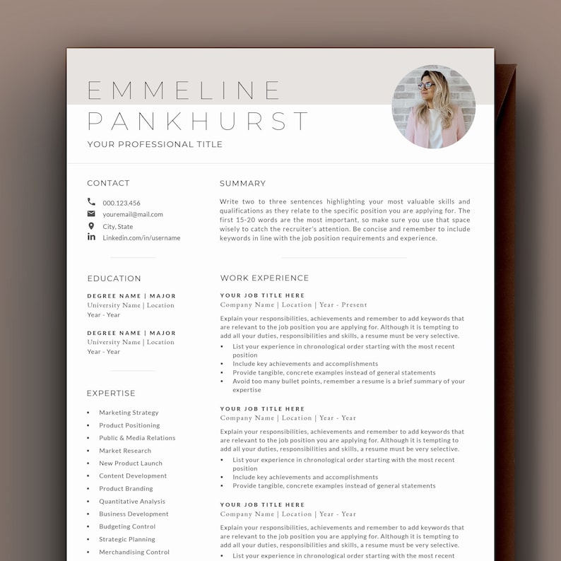 May include: A resume template with a professional design. The template includes sections for contact information, summary, education, work experience, and expertise. The template is designed to help job seekers create a professional and effective resume.