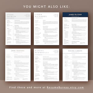 Op de afbeelding: Een verzameling van zes moderne cv-sjablonen met een minimalistisch ontwerp. Elk sjabloon heeft een blauw en gouden kleurenschema met een professioneel lettertype. De tekst "U zou ook kunnen leuk vinden" staat bovenaan de afbeelding. De tekst "Vind deze en meer op ResumeBureau.etsy.com" staat onderaan de afbeelding.
