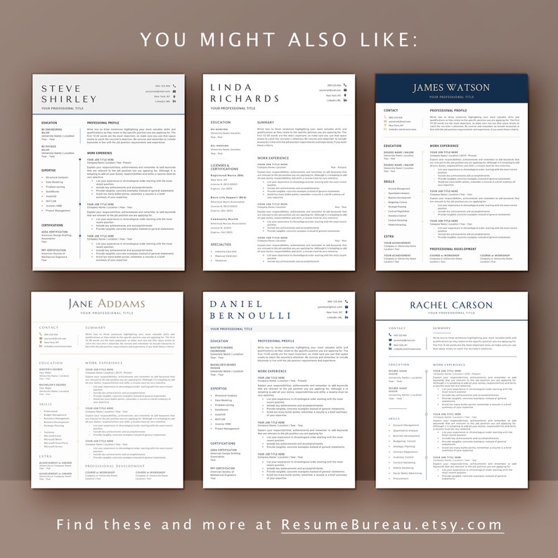 Op de afbeelding: Een verzameling van zes moderne cv-sjablonen met een minimalistisch ontwerp. Elk sjabloon heeft een blauw en gouden kleurenschema met een professioneel lettertype. De tekst "U zou ook kunnen leuk vinden" staat bovenaan de afbeelding. De tekst "Vind deze en meer op ResumeBureau.etsy.com" staat onderaan de afbeelding.