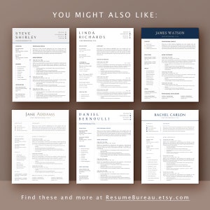Pu&ograve; includere: Una collezione di sei modelli di curriculum vitae moderni con un design minimalista. Ogni modello presenta una combinazione di colori blu e oro con un carattere professionale. Il testo "Potrebbe piacerti anche" &egrave; in alto nell'immagine. Il testo "Trova questi e altro su ResumeBureau.etsy.com" &egrave; in basso nell'immagine.
