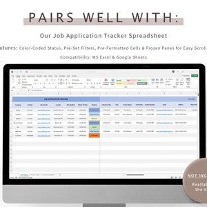 Peut inclure: Un &eacute;cran d'ordinateur affiche un tableur de suivi des candidatures. Le tableur comprend un statut &agrave; code couleur, des filtres pr&eacute;d&eacute;finis et des cellules pr&eacute;format&eacute;es. Le texte en haut indique "PAIRS WELL WITH: Our Job Application Tracker Spreadsheet."