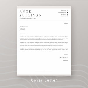 Peut inclure: Un mod&egrave;le de CV professionnel avec le nom "Anne Sullivan" en haut. Le document comprend des sections pour les coordonn&eacute;es, un titre professionnel et une lettre de motivation. Les mots "Cover Letter" sont en bas.