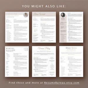 Pu&ograve; includere: Un collage di sei diversi modelli di curriculum con uno sfondo marrone. Il testo "You Might Also Like" &egrave; nella parte superiore dell'immagine. Il testo "Find these and more at ResumeBureau.etsy.com" &egrave; nella parte inferiore dell'immagine.