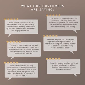 Pu&ograve; includere: Un collage di testimonianze di clienti su un modello di curriculum. Le testimonianze evidenziano la facilit&agrave; d'uso, il design professionale e l'eccellente servizio clienti fornito dal venditore.
