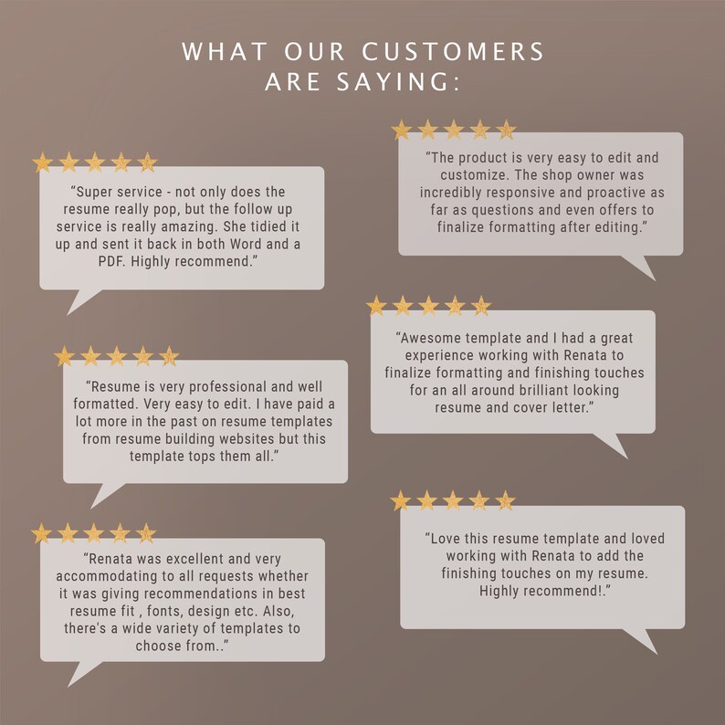 Pu&ograve; includere: Un collage di testimonianze di clienti su un modello di curriculum. Le testimonianze evidenziano la facilit&agrave; d'uso, il design professionale e l'eccellente servizio clienti fornito dal venditore.