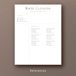 K&ouml;nnte beinhalten: Eine Lebenslaufvorlage mit dem Namen Kate Gleason und dem Titel "Ihr Berufsbezeichnung" oben. Der Lebenslauf enth&auml;lt einen Kontaktbereich mit Telefonnummer, E-Mail-Adresse, Stadt und Bundesland sowie einen Link zum LinkedIn-Profil. Der Lebenslauf enth&auml;lt auch einen Referenzbereich mit einer Liste von Namen, Titeln, Unternehmen, Telefonnummern und E-Mail-Adressen.