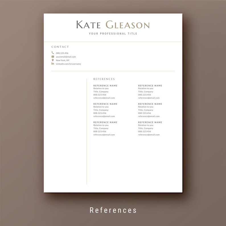 K&ouml;nnte beinhalten: Eine Lebenslaufvorlage mit dem Namen Kate Gleason und dem Titel "Ihr Berufsbezeichnung" oben. Der Lebenslauf enth&auml;lt einen Kontaktbereich mit Telefonnummer, E-Mail-Adresse, Stadt und Bundesland sowie einen Link zum LinkedIn-Profil. Der Lebenslauf enth&auml;lt auch einen Referenzbereich mit einer Liste von Namen, Titeln, Unternehmen, Telefonnummern und E-Mail-Adressen.