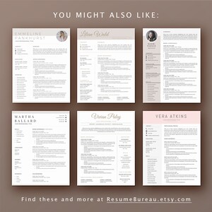 Pu&ograve; includere: Un collage di sei diversi modelli di curriculum vitae, ognuno con un nome e un titolo professionale diversi. I modelli sono progettati in uno stile minimalista con una tavolozza di colori neutri e accenti dorati. Il testo "Potrebbe piacerti anche" appare nella parte superiore del collage. Il testo "Trova questi e altro su ResumeBureau.etsy.com" appare nella parte inferiore del collage.