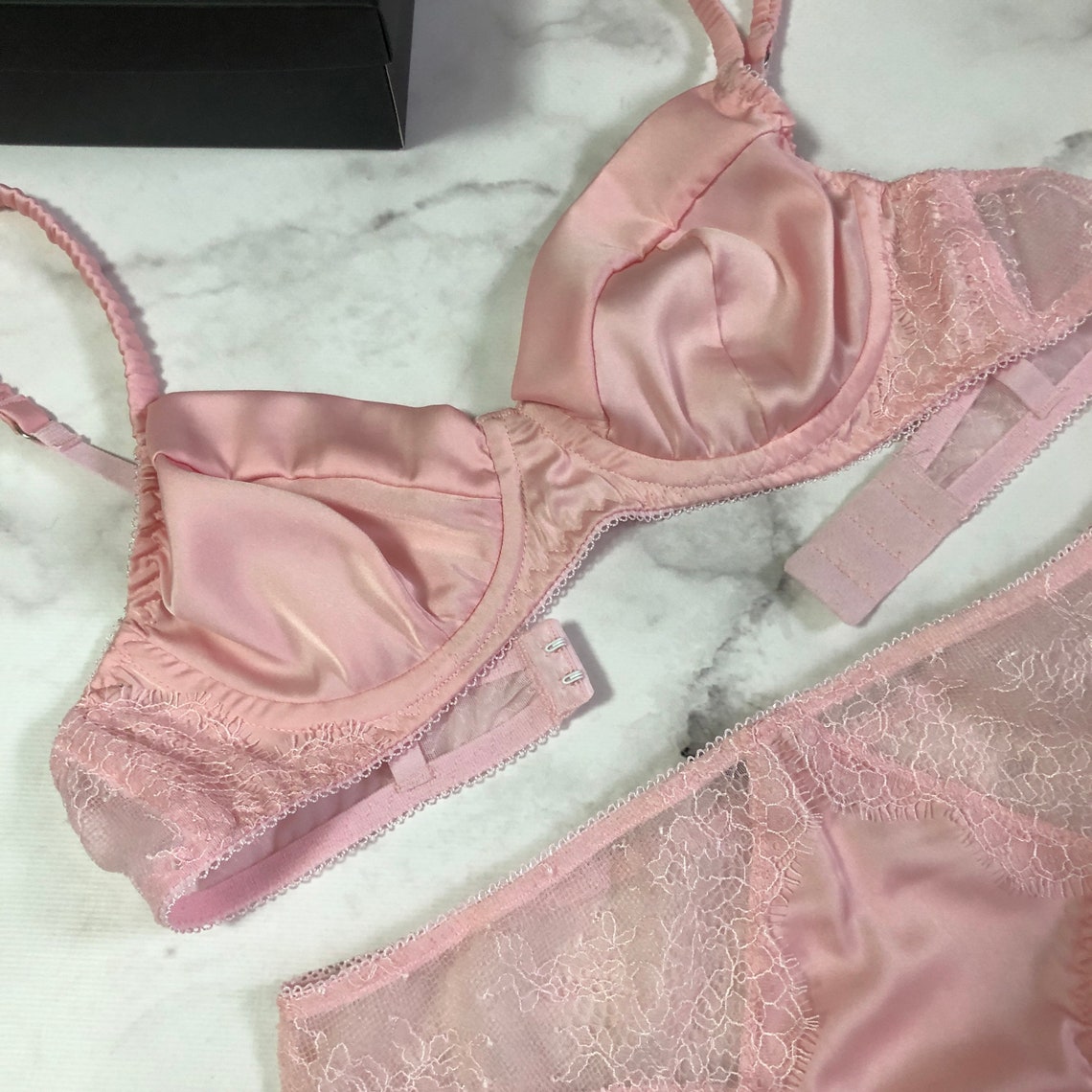 Silk satin pink light lace lingerie set bra bralette panty | Etsy