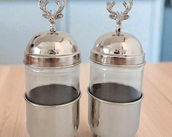 Copper Glass Spice Jar Set with Deer Lid: Hammered Kitchen Canisters
