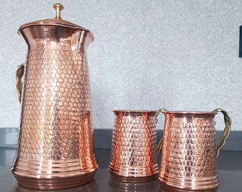 Handcrafted Hammered Copper Pitcher: Honeycomb Design Water Jug