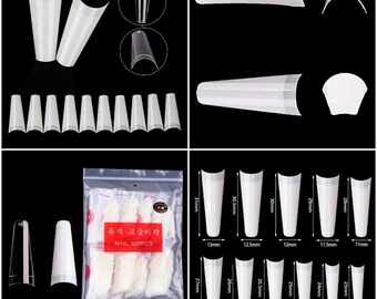 550 Pieces Extra Long Coffin Flat Head Half Cover Half Well French Manicure NATURAL Acrylic False Nail Tips - Professional Salon & Home Use.