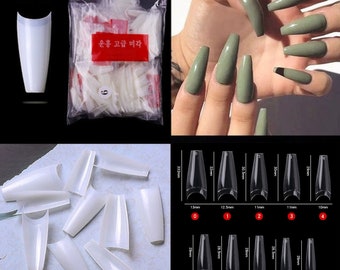 600 Pieces Extra Long Coffin Tapered False Nail Tips Extensions NATURAL Half Well Half Cover Acrylic False Nails - Salon & Home Use
