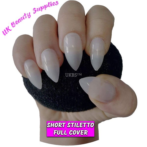 600 Pieces Short Stiletto Full Cover NATURAL Press On Acrylic False Nails Tips - Professional Salon & Home Use.