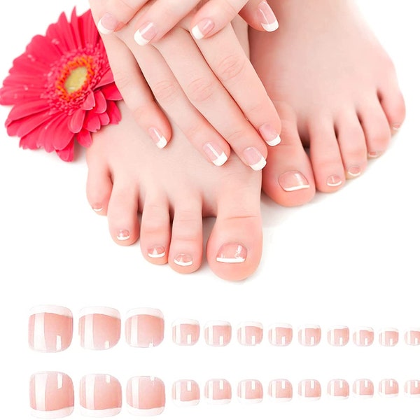 24x False Toenails French Manicure Fake Press On Full Cover Toe Nails (Glue Not Included)