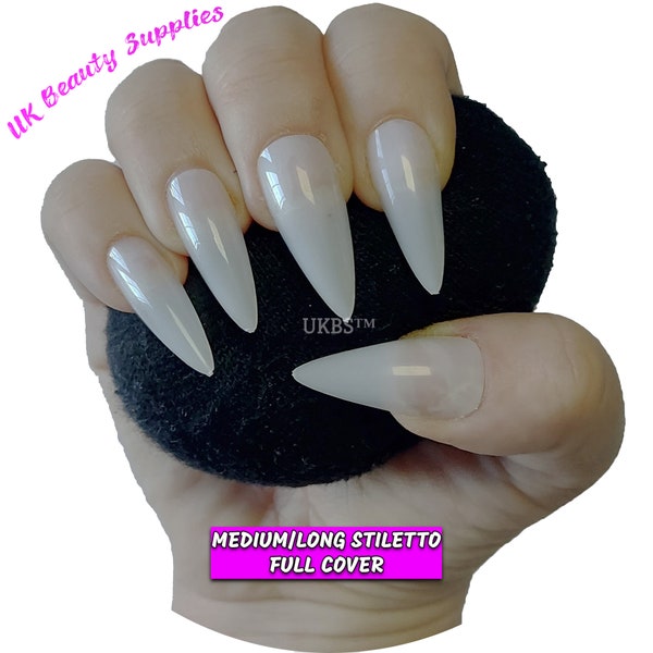 500 Pieces Medium Long Stiletto Straight Pointed Full Cover NATURAL Press On Acrylic False Nails Tips - Professional Salon & Home Use.