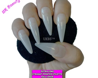 600 Pieces Extra Long Stiletto Straight Pointed Full Cover NATURAL Acrylic False Nail Tips - High Quality Salon & Home Use.