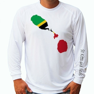 St Kitts and Nevis Flag Map Ocean Fishing Shirt UPF 50 Long Sleeve T-Shirt Sun UV Protection Front or Back