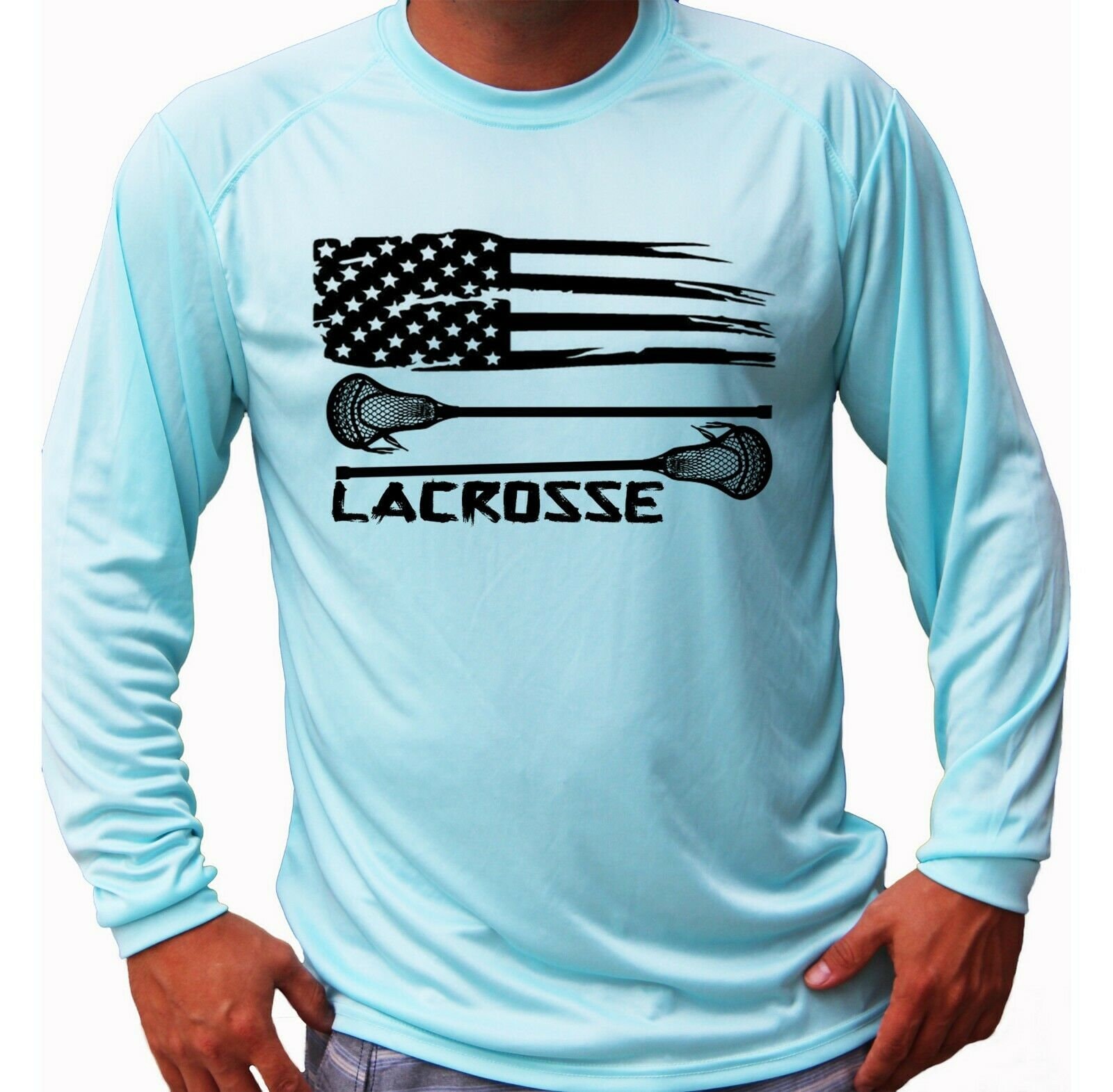 Lacrosse Fan American Flag Shirt UPF 50 Long Sleeve Tshirt Sun UV