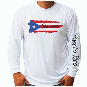 Puerto Rico Boricua Bandera Mapa Taino Coqui Rana Océano Pesca Camisa UPF 50 Manga Larga Camiseta Sol Protección UV Delantera o Trasera