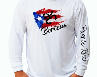 Puerto Rico Boricua Flag Coqui Frog Ocean Fishing Shirt UPF 50 Long Sleeve T-Shirt Sun UV Protection Front or Back