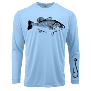 Maglietta da pesca con amo da pesca per la festa del papà, con protezione solare UV anteriore o posteriore, UPF 50, a maniche lunghe.