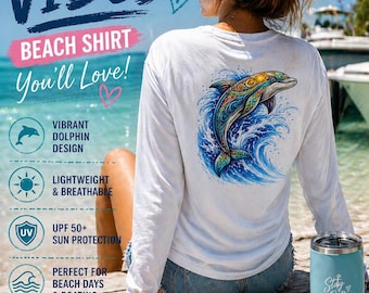 Maglietta sportiva da spiaggia con stampa tribale di delfini, UPF 50, a maniche lunghe, protezione solare UV