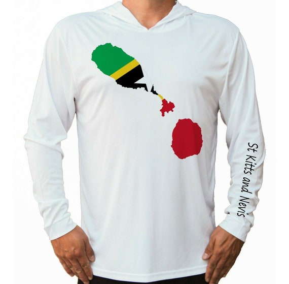 St Kitts and Nevis Flag Map Ocean Fishing Shirt UPF 50 Long Sleeve T-Shirt  Sun UV Protection Front Long Sleeve Hood Hooded