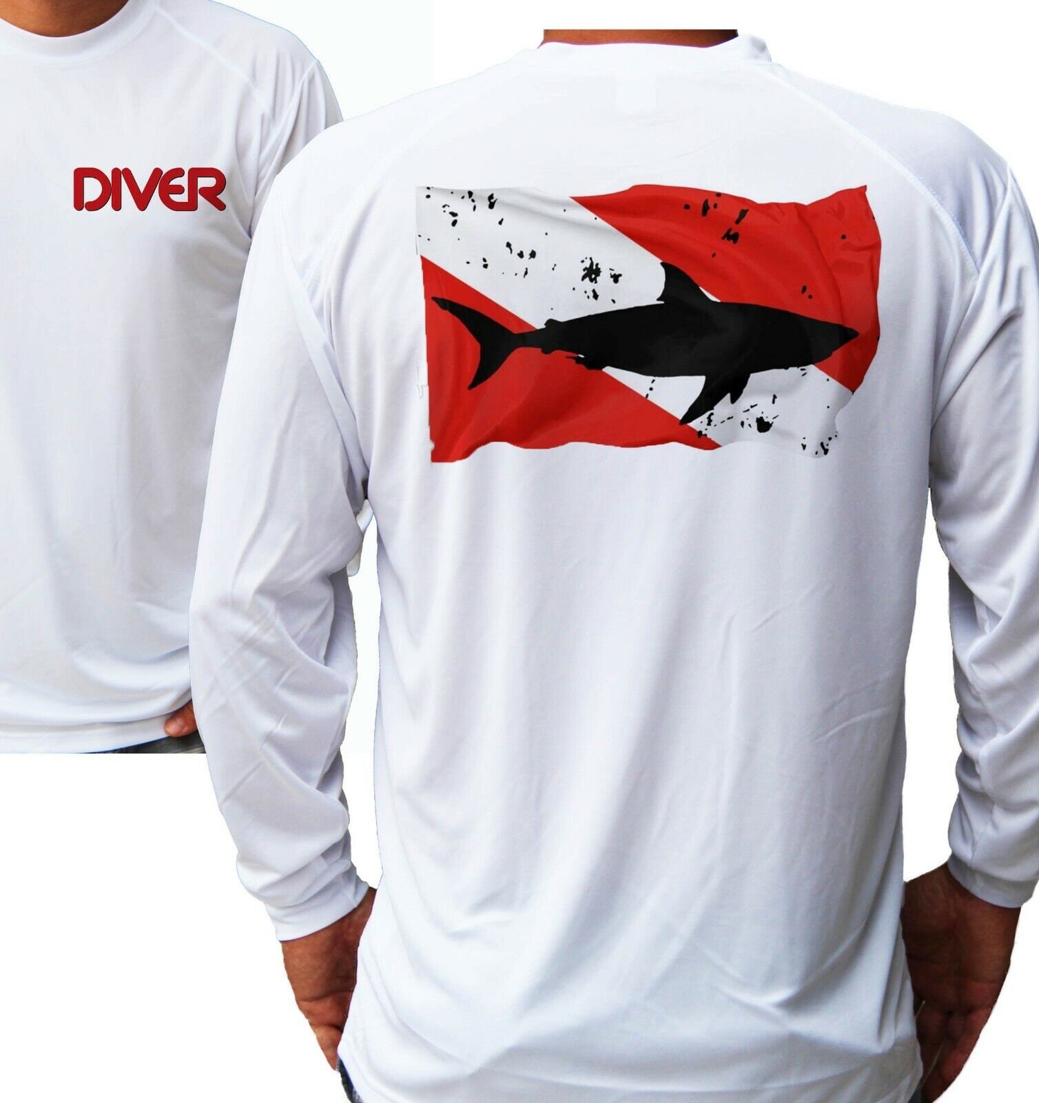 Scuba Diving Flag Diver Logo Shirt UPF 50 Long Sleeve T-Shirt Sun UV Protection Front or Back