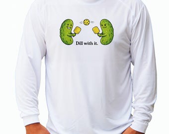 Camiseta divertida de pickleball, manga longa, proteção solar UV UPF 50 na frente e nas costas.