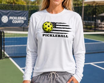 Pickleball American Flag Boat Sport Shirt UPF 50 Long Sleeve T-Shirt Sun UV Protection Front or Back