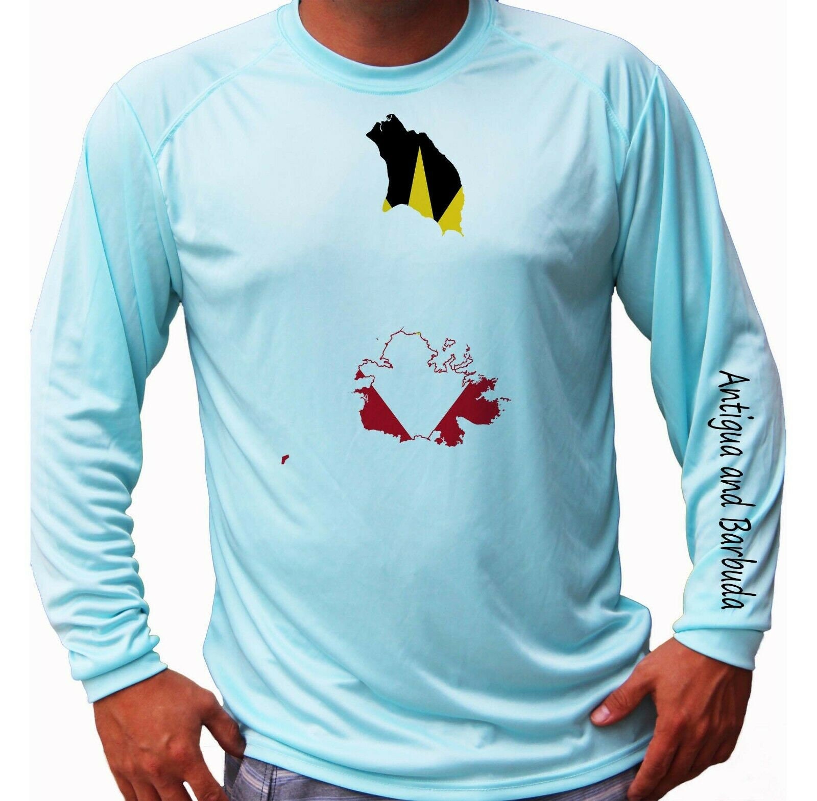 Antigua and Barbuda Flag Map Ocean Fishing Shirt UPF 50 Long Sleeve T-Shirt Sun UV Protection Front or Back