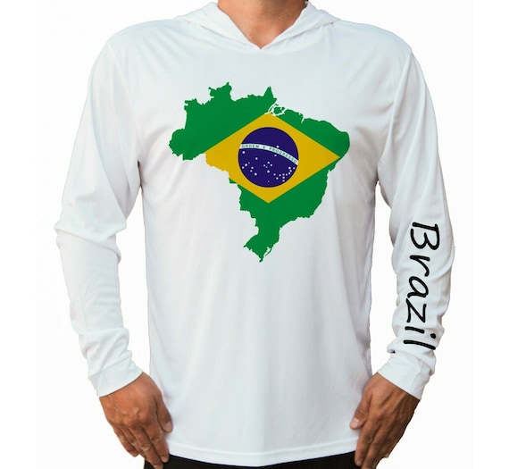 Brazilian Flag Map Brazil Ocean Fishing Shirt UPF 50 Long Sleeve T-Shirt  Sun UV Protection Front Long Sleeve Hood Hooded
