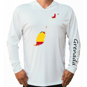 Grenada Flag Map Ocean Fishing Shirt UPF 50 Long Sleeve T-Shirt Sun UV Protection Front Long Sleeve Hood Hooded