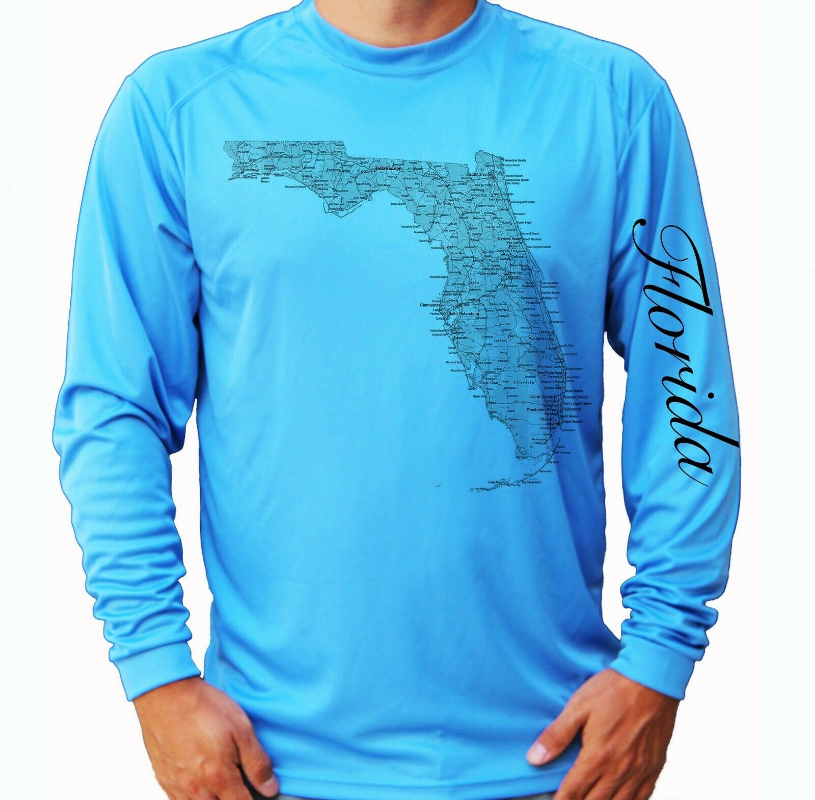 Florida Flag Map State Shirt UPF 50 Long Sleeve T-Shirt Sun UV Protection Front or Back