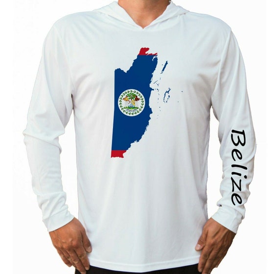 Belize Flag Map Australia Ocean Fishing Shirt UPF 50 Long Sleeve T-shirt  Sun UV Protection Front Long Sleeve Hood Hooded 
